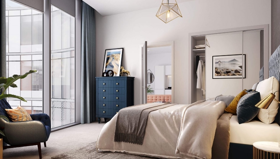 Modern bedroom with a large window, blue accents, and contemporary furniture.